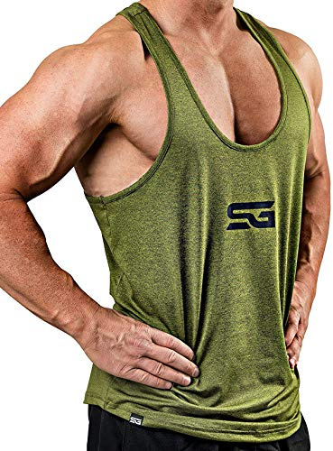 Camiseta stringer para hombre - ropa deportiva funcional - adecuada | para workout, entrenamiento - Camiseta de tirantes - Satire Gym (verde oliva monteado, M)
