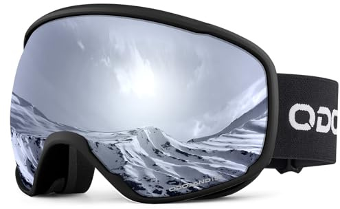 Odoland Snow Ski Goggles S2 Double Lens Anti-Fog OTG Windproof UV400 Eyewear for Men, Women and Youth-Skiing Snowboarding, Black Frame Sliver Lens vlt 14%