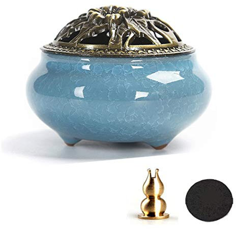 Weihrauchbrenner Keramik,Biluer 1PCS Räuchergefäß Keramik Mit Deckel Rund Porzellan Räucherschale mit Messing Ministänder Perfekt für Räucherstäbchen Halter Zum Räuchern von Räucherkegel (Blau)