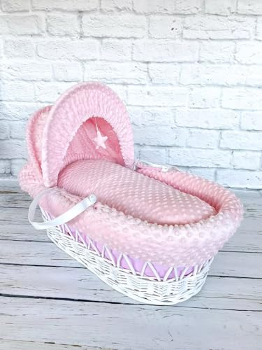 Luxury Moses Basket Padded White Wicker Baby Full Set - Pink Dimple