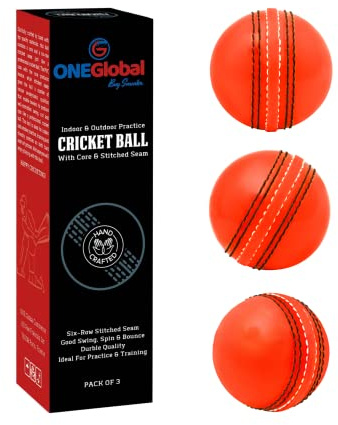 ONEGlobal Practice Cricket Ball | Pelota de Críquet de Entrenamiento de Goma Flexible y Segura | Con Costura y Núcleo para Bounce, Swing & Spin | Ideal para el Desarrollo de Habilidades (Paquete de 3)