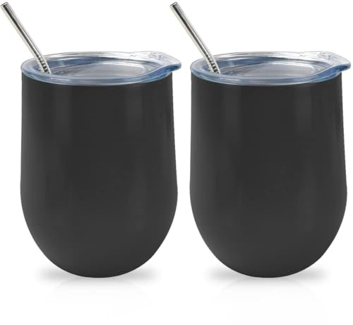 QUTHZZHY 2 stycken vinmuggar rostfritt stål, 30 ml termosmugg med lock, alla hjärtans dag, vinkopp To Go, dubbelväggigt isolerat vakuumisolerat vinglas (svart)