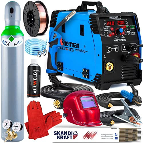ALLWELD Sherman MIG 200HD - Vollsynergisches 200A MIG MAG Schutzgasschweißgerät mit Fülldraht, Lift-WIG, MMA und Lötschweißen Funktion - Inverter Schweißgerät IGBT - Set:ProfessionalPlus