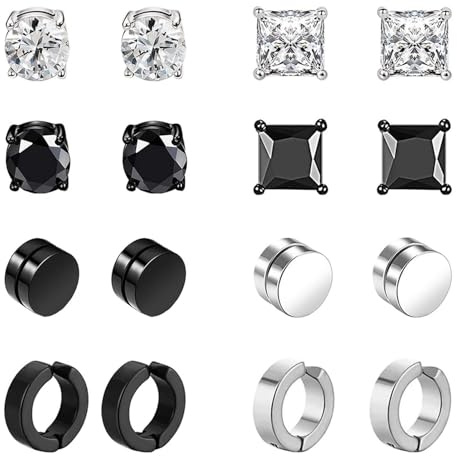 8Pares Pendientes Magnéticos de Acero Inoxidable Aros Imán Hombre Pendientes Clip Negro Falsos Pendiente CZ Mujer Pendientes Sin Agujero Pendiente Clip Non Piercing A