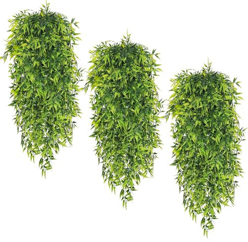 6 Pack Artificial Hanging Plants Outdoor/Indoor Fake Green Leaves Plant Plastic Faux Bamboo Leaves Potted Weeping Drooping Plants Greenery Vines for Home Garden Wall Aesthetic Decorations