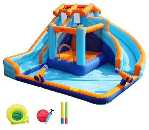 AirMyfun Water Slide Bounce House for Kid and Adult Outdoor with Large Splash Pool Inflatable Bouncy Castle with Long Dual Slide and Basketball Hoop for Kids Outdoor