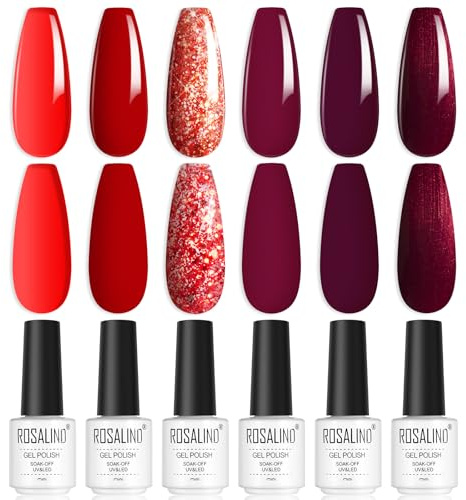 ROSALIND UV Nagellack, Rot Gellack 6 Farben Rubinrot Dunkelrot Glitzer Gel Nagellack Set Soak-Off UV Gel Nail Polish für Anfänger Nail Art Salon DIY