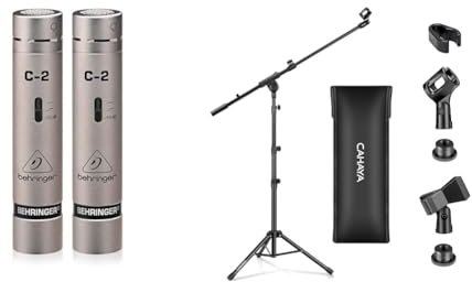 Behringer C-2 Micrófonos de estudio condensador 2 en 1 Soporte de micrófono con brazo y base de trípode plegable y ajustable de 64-158cm para conciertos, videoconferencias y escenarios