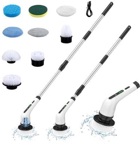 Aenxwa Elektrische Reinigungsbürste,Spin Scrubber für Bad,Electric Spin Scrubber schnurlos mit 9 austauschbaren Bohrbürstenköpfen mit 137cm verstellbarem Griff für Bad Küche Auto Fußboden