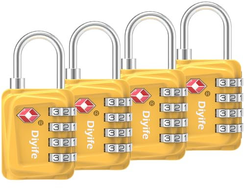 TSA Luggage Locks, [Updated Version] [4 Packs] Diyife 4-Digit Combination Padlock, Resettable Zinc Alloy Code Locks, Small Padlock for Travel Luggage Suitcases Backpack Case Locker (Yellow)