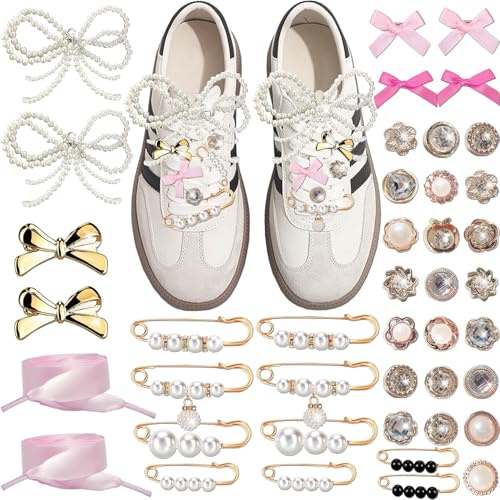 Pazpsar Shoe Charms for Sneakers, 42Pcs Ribbon Shoe Laces Women Shoelace Charms with Bows/Clips/Pins/Jewelry,Sock Shoe Decoration Charms,Shoe Jewelry for Sneakers,Hot Pink Shoe Accessories
