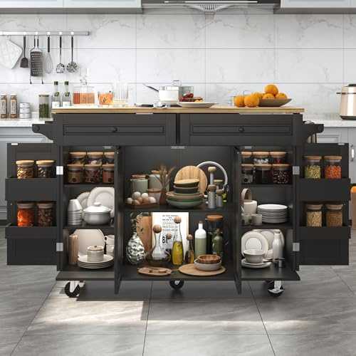Squireewo 55 Kitchen Cart with Wood Top and Drop Leaf Breakfast Bar, Rolling Mobile Kitchen Island Table on Wheels with Drawer and Storage Cabinet, Spice Rack, Towel Rack, Black