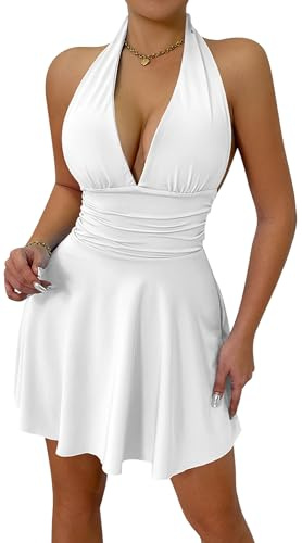 AIEOE Vestito da Donna A-Line Backless con Fascette Sexy Scollo Americano Discoteca Cocktail Party Taglia Abiti Donne XL Bianco