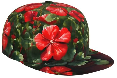 Gorra de béisbol de ala plana con estampado de geranios rojos, visera plana, gorra de camionero para hombres y mujeres