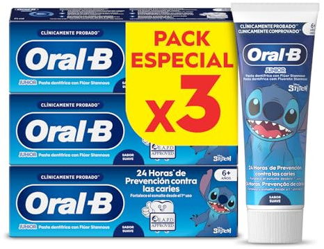 Oral-B Pro Junior Disney Stitch Pasta de Dientes para Niños, Pack Ahorro 3x75 ml - Dentífrico para Niños de 6 a 12 Años, Elimina La Placa y Previene Las Caries, Sabor a Menta Suave