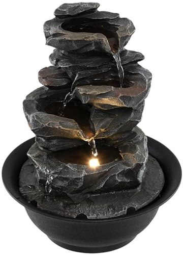 COSTWAY Fontana Zen da Interno, Fontana da Tavolo a Cascata con Luce LED, Pompa Silenziosa e Velocità dell'Acqua Regolabile, Fontanella Decorativa per Soggiorno, Ufficio e Camera da Letto (Modello 1)