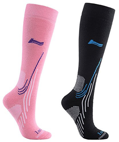 Laulax Ladies Merino Wool Ski Socks, 2 pairs gift box, Black, Pink, Size UK 3-7 / EUROPE 36-40