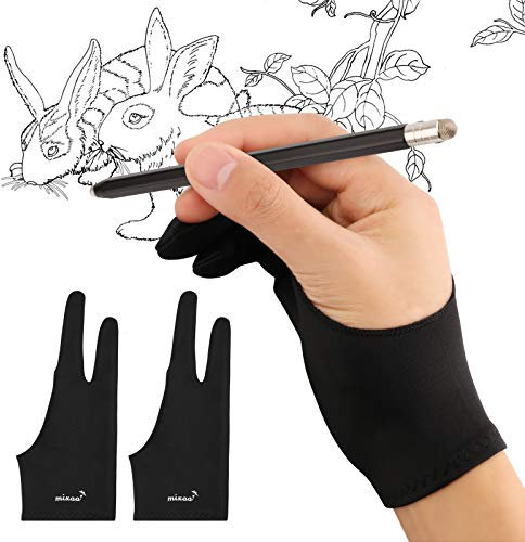 Mixoo Künstlerhandschuhe für Zeichentablett, 2 Stück, Handflächenablehnung, Zeichenhandschuhe mit zwei Fingern für Papierskizzieren, iPad, Grafikmalerei, gut für linke und rechte Hand (L)