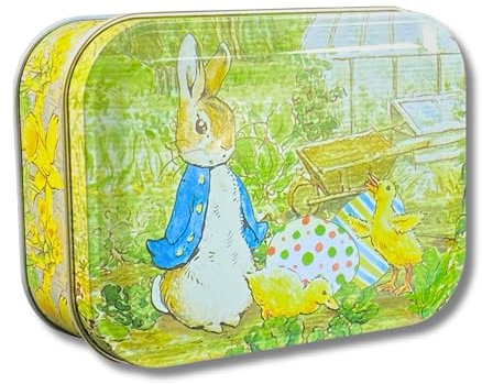 Boîte cadeau design Peter Rabbit - Petite boîte de conservation rectangulaire - Motif lapin avec poussins - Matériau : tôle - Boîte de rangement - Boîte à biscuits - Boîte en tôle