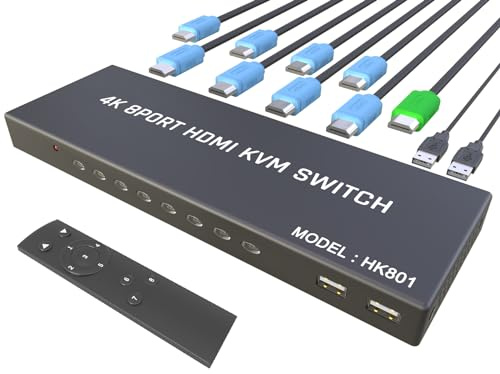 KVM Switch HDMI 8 Port - HDMI Switch with Remote- USB Switch Selector for 8 Computers Share Keyboard Mouse Printer,Flash Drive,HD Monitor, Support 4K@60Hz, 8 KVM Cables 1 Remote Included