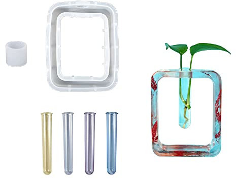Cayway Resin Mould for Plant Propagation Station, Rectangle Vase Mould Vase Silicone Moulds for Resin Casting with 4 PCS Acrylic Test Tubes for Hydroponic Plants, Home Office Decor