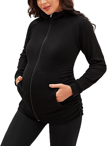GINKANA Maternity Athletic Jackets Full Zip Lightweight Workout Long Sleeve Shirts Tops Pregnancy Casual Fall Sweatshirts with Pockets,Black,M
