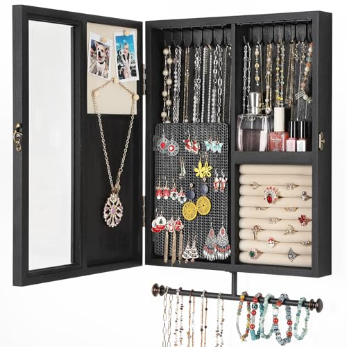 Keebofly Wall Mounted Jewelry Organizer With Rustic Wood Large Space Jewelry Cabinet, Holder, Storage Box for Necklaces, Earrings, Bracelets, Ring Holder, and Accessories Black