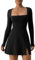 Qianderer Womens Square Neck Bodice Dress Long Sleeve Side Slit A-Line Flare Mini Dresses Cocktail Party Club Dress (Black, M)