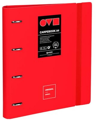 Grafoplas Ringbuch mit 4 Ringen A4, Polyfoam | robust und ultraleicht | Unequal Minimal Rot | Inklusive Ersatzteil, Trennblättern und Umschlag | Perfekt für die Organisation von Schulsachen