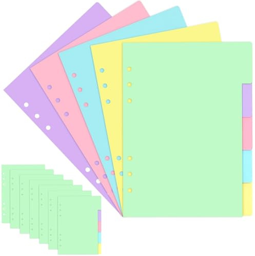 40 Pcs/8 Sets A5 Colour Dividers, Loose-Leaf A5 Ring Binder Dividers 6 Holes 5 Colors Binder Inserts, Horizontal File and Folder Dividers Paper Sheets for Organising Notebooks