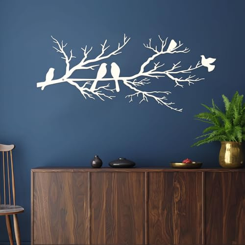 ESTART Wanddekoration mit Vögeln aus Metall, lebendige Vögel auf AST, Silhouette, Wanddekoration, für den Außenbereich, Wandskulptur zum Aufhängen, für Zuhause, Balkon (Weiß, Groß)