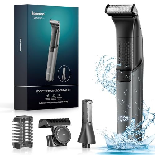 Afeitadora Corporal Masculina, Kensen Impermeable Depiladora Corporal Hombre en Seco y Húmedo para Barba, Axilas, Pecho, Piernas y Genitales, Pantalla LED, Peine Límite Ajustable (1-10 mm)