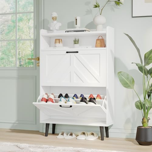 VOWNER Meuble à Chaussures Ultra-étroit de 75 cm, Meuble de Rangement à Chaussures Armoire, Commode à Chaussures, Séparateurs Réglables, avec des Pieds en Bois, 75 x 24 x 113 cm