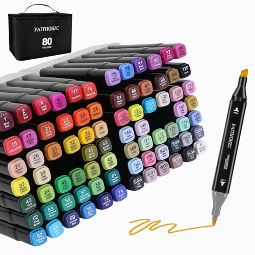 FAITHGHZC 80 Farben Alkohol Marker Set, Dual Tips Quick Drying Permanent Marker Stifte, Filzstifte, für Malerei, Manga, Design und Graffiti, Geschenke für Familie und Freunde