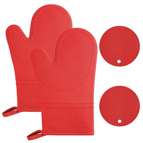 AUAUY - 1 Par Guantes Horno, Silicona Antideslizantes Resistentes Manoplas Horno, Cocinar, Microondas, Asar a la Parrilla Incluye 2 Manteles Individuales Aislantes - Rojo
