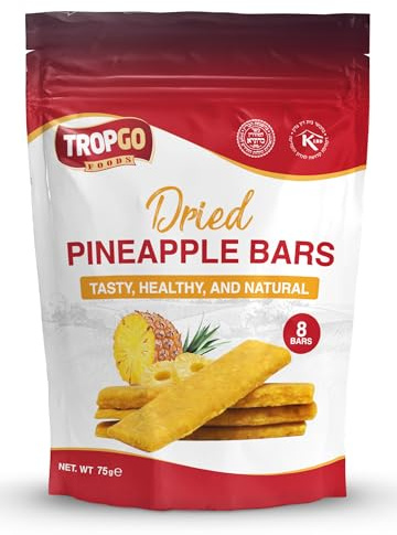 Tropgo 100% Dried Pineapple Bars - 8 Bars, Natural Fruit Snack, Vegan Food, Non-GMO, Healthy Snacks for Adults & Kids, Travel-Friendly, Dehydrated Pineapple Fresh in Resealable Bag (75g)