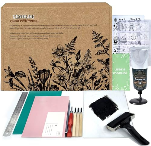 Xenolog Super Value Block Printing Kit -Includes Lino Cutter, Printing Ink, Linoleum Blocks, Brayer, Transfer Paper, Stencils, Postcards, Paint Palette, Ruler & Pencil for Stamp Making and Printmaking