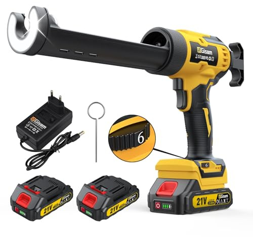 Pistola de calafateo eléctrica, 150-310 ml, Equipado con 2*baterías de 2,0 Ah, luz LED, 6velocidades ajustables, PortáTil Cemento Pistola De EléCtrica