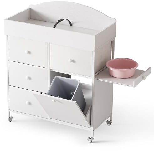 DTK Baby Dresser with Changing Table Top,4-Drawers Changing Table Dresser with Tile-Out Trash Cabinet and Pull-Out Shelf,Diaper Changing Station with Waterproof Pad and Storage for Nursery,White