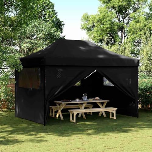 Tente de réception pop-up pliable avec 4 parois latérales noires pour événements en plein air, pavillon avec cadre stable et fenêtres transparentes