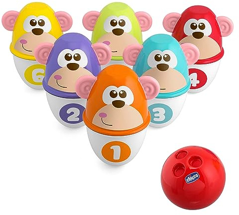 Chicco Monkey Strike Birilli Bowling Bambini - Set da Bowling con 6 Birilli Separabili, Impilabili in 12 Pezzi, Palla Leggera Inclusa - Giochi e Regali per Bambini 18 Mesi - 8 Anni