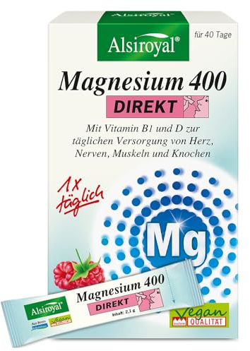 Alsiroyal Magnesium 400 DIREKT Himbeere - Magnesium Komplex mit Vitamin B1 & D3 zur täglichen Versorgung von Herz, Nerven, Muskeln & Knochen (40 Sticks) - vegan & ohne Zuckerzusatz
