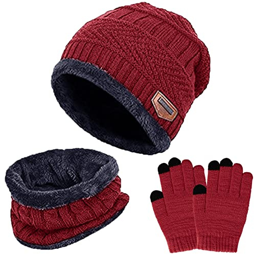 Gorro Invierno Niños Niñas Conjunto de Gorro Bufanda y Guantes Niño, Cálido Gorro de Punto Bufanda con Forro Polar Guantes con Pantalla Táctil para Niño Niña de 5 a 10 Años(rojo)