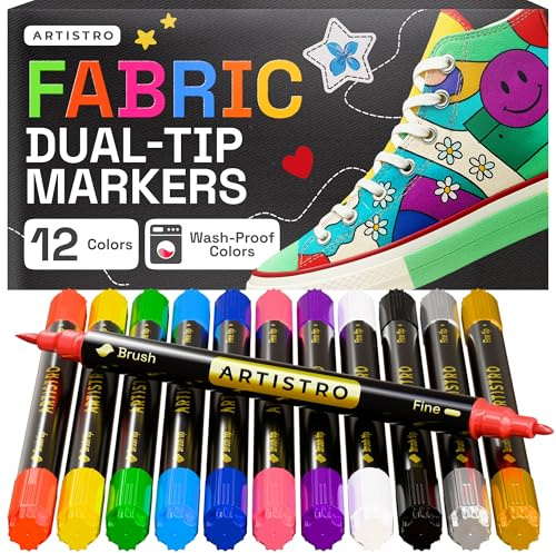 ARTISTRO 12 Fabric Pens Dual-Tip Brush+Fine for T-Shirts, Clothes & Canvas | Rich, Vivid Colour Payoff with Quick-Dry Ink, Easy to Control for Lettering, Doodling & DIY Personalising, Gift for All Ages