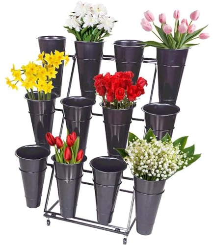 Espositore Per Fiori, Carrello Per Piante Mensola Per Fiorista In Ferro Battuto, Robusto Portafiori In Movimento Con Ruote, Portasecchi Per Fiori Con Secchi Di Plastica,3 layers 12 barrel black