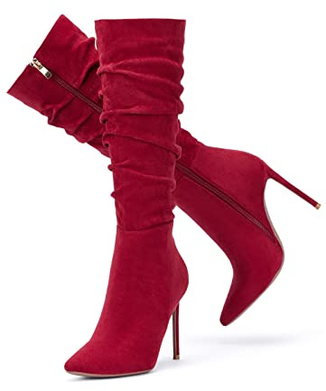 Zhabtuc Stivali al Ginocchio da Donna Stivali Alti al Ginocchio in Finta Pelle Scamosciata 10 cm con Tacco a Spillo e Punta a Punta con Zip Laterale Scarpe Eleganti, camoscio rosso, 39 EU