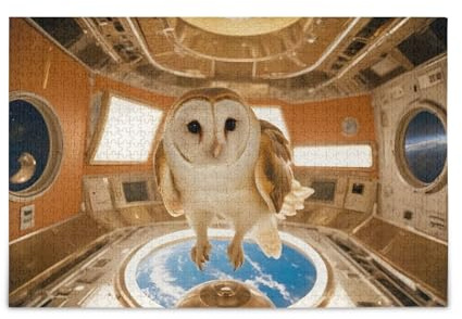 YMGQYJ Adults Jigsaw Puzzles 500 Pieces Owl in Space Station Print with Alphabetic Sorting