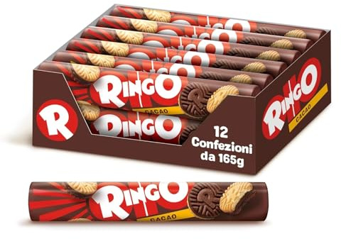 Pavesi Snack Ringo Cacao, Biscotti Farciti con Crema al Gusto Cioccolato, Snack per Merenda o Pausa Studio, Formato Tubo 12 Confezioni da 165 g