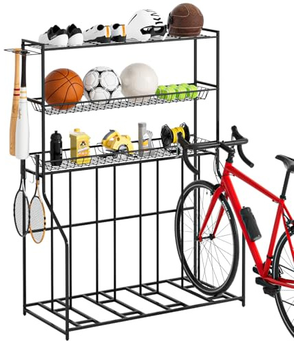 Kificet 4 Bike Stand, Bike Rack Garage with 3-Tier Storage Rack, Bicycle Stand for Garage Organizer, Indoor Sporting Gear Storage Station for Mountain/Road/Hybrid & Fat Tire Bike, Patent Pending