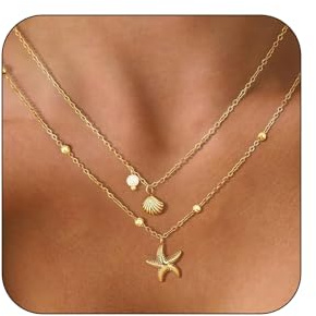 AstraGlam Lot de 2 colliers en coquillage pour femmes – Collier superposé plaqué or 18K avec pendentif étoile de mer et perles – Bijoux d'été en or pour les vacances ou le quotidien